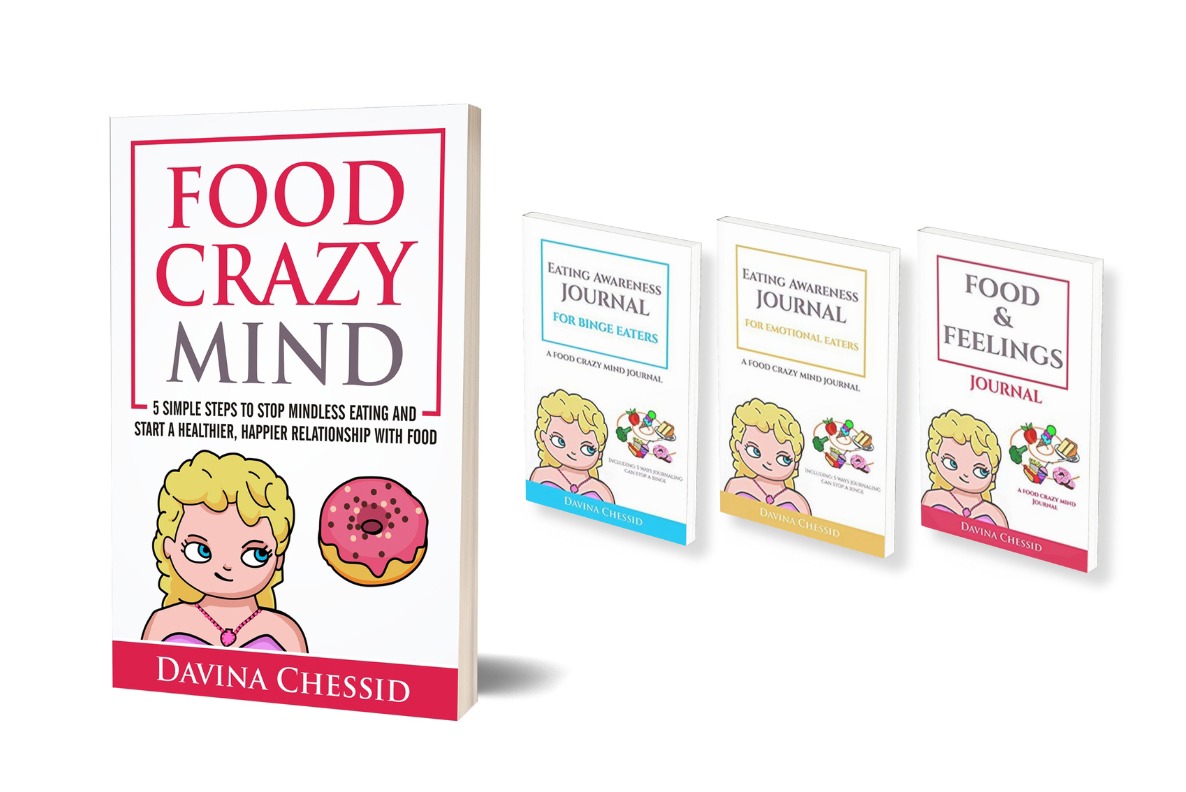 The cover of the book Food Crazy Mind and three journals based on Food Crazy Mind: Eating Awareness for Binge Eaters, Eating Awareness for Emotional Eaters and the Food & Feelings Journal