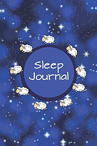 cover of cute blue sleep journal with images of white sheep and stars and the text Sleep Journal