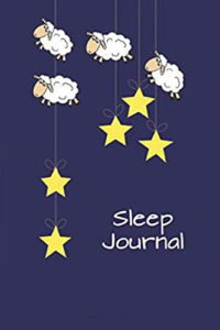 Image of cute blue sleep journal with white cartoon sheep and yellow stars and the text Sleep Journal